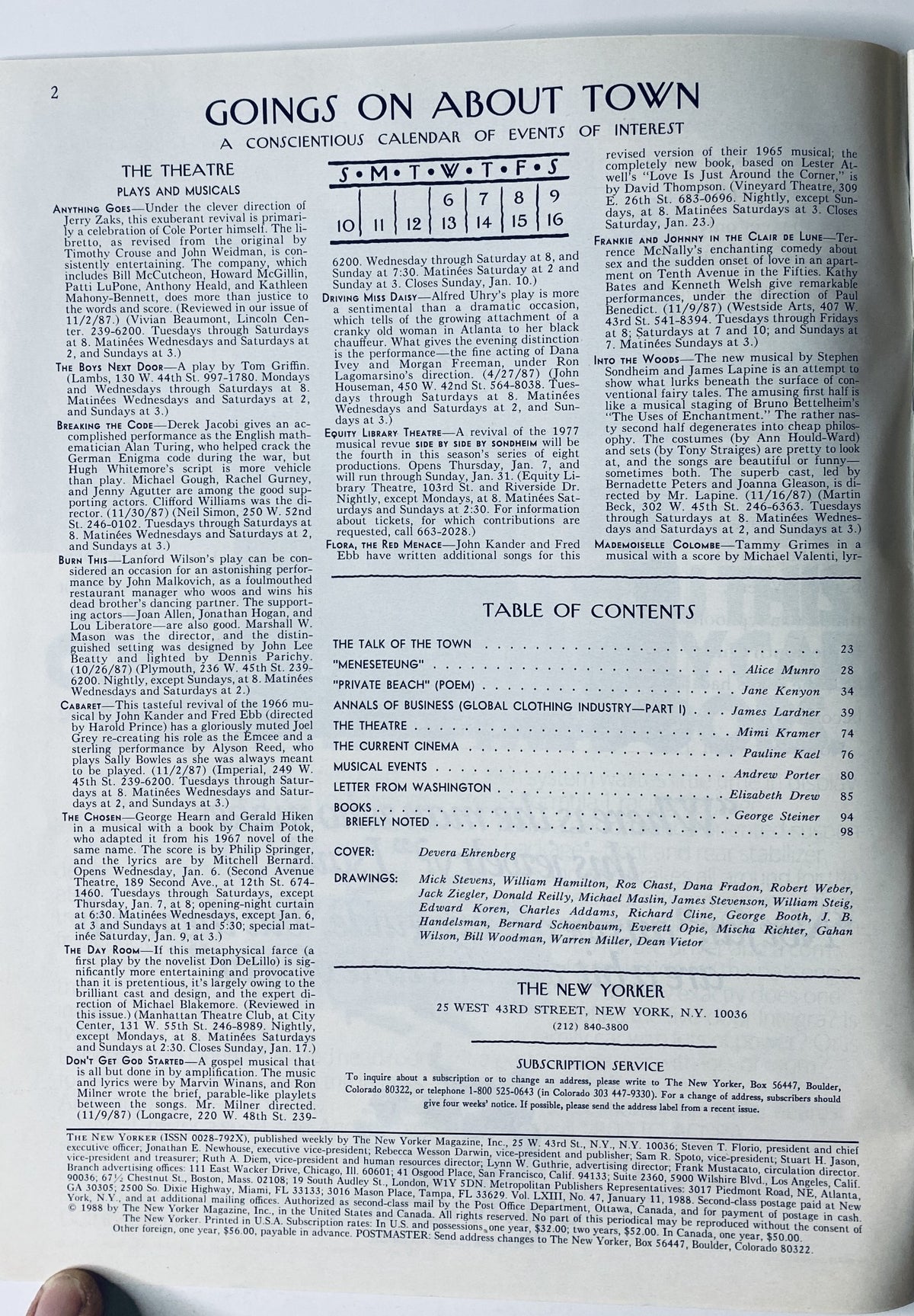 Goings on About Town page from The New Yorker Magazine January 11, 1988, showcasing a calendar of events and the Table of Contents, highlighting the cover by Devera Ehrenberg.