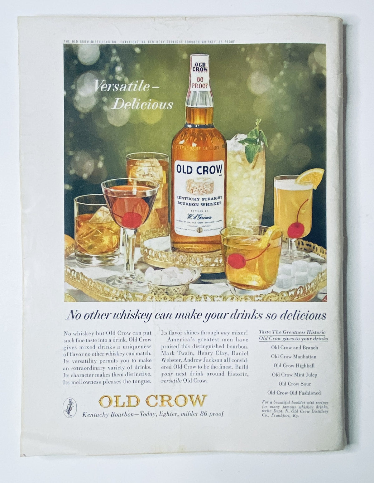 Advertisement for Old Crow Kentucky Straight Bourbon Whiskey on the back cover of The New Yorker Magazine November 16, 1963, featuring cocktails and the bottle in an inviting setting.