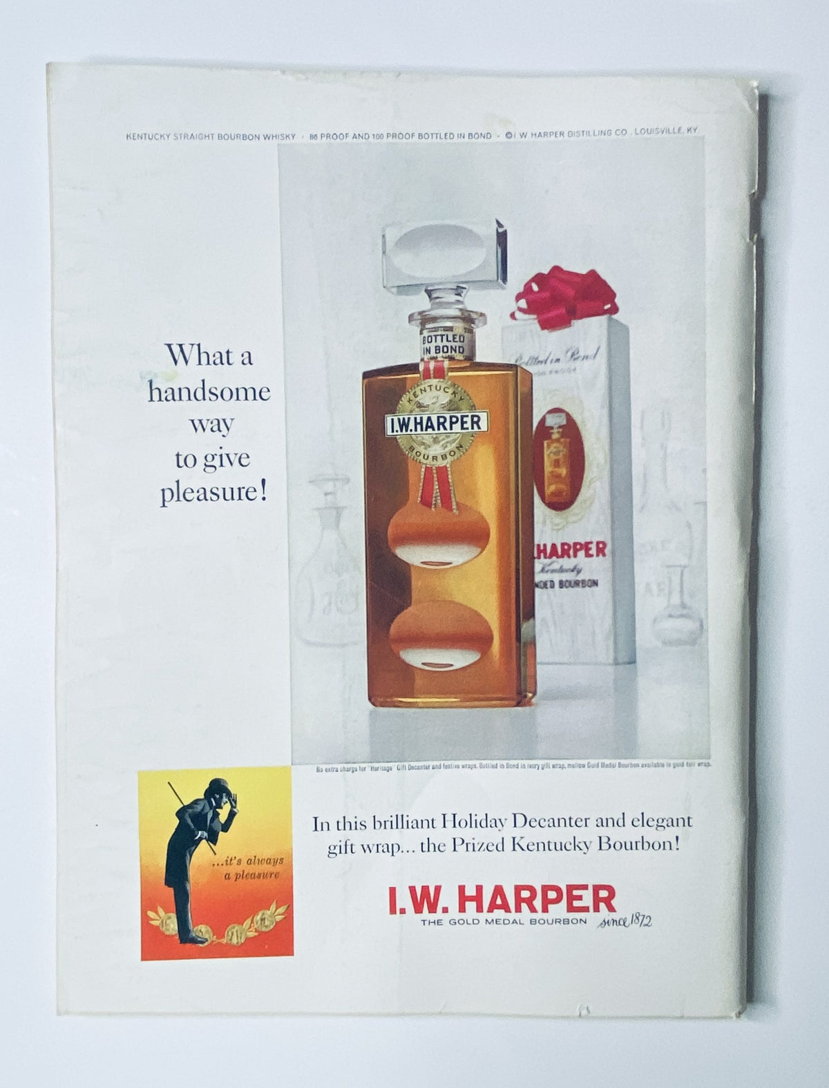 The New Yorker Magazine November 23, 1963, with an advertisement for I.W. Harper bourbon featuring a decorative glass decanter, reflecting holiday gifting ideas.