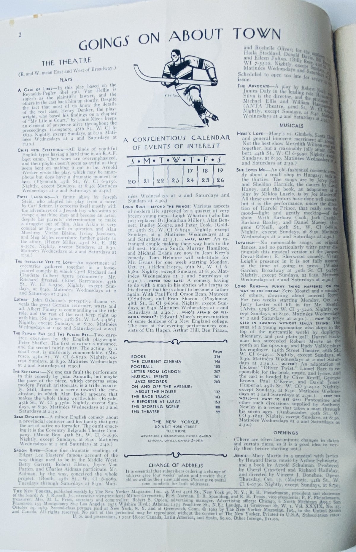 Interior page of The New Yorker Magazine October 19, 1963 showcasing 'Goings On About Town' section with a calendar of events and listings, including theatre and musical performances.
