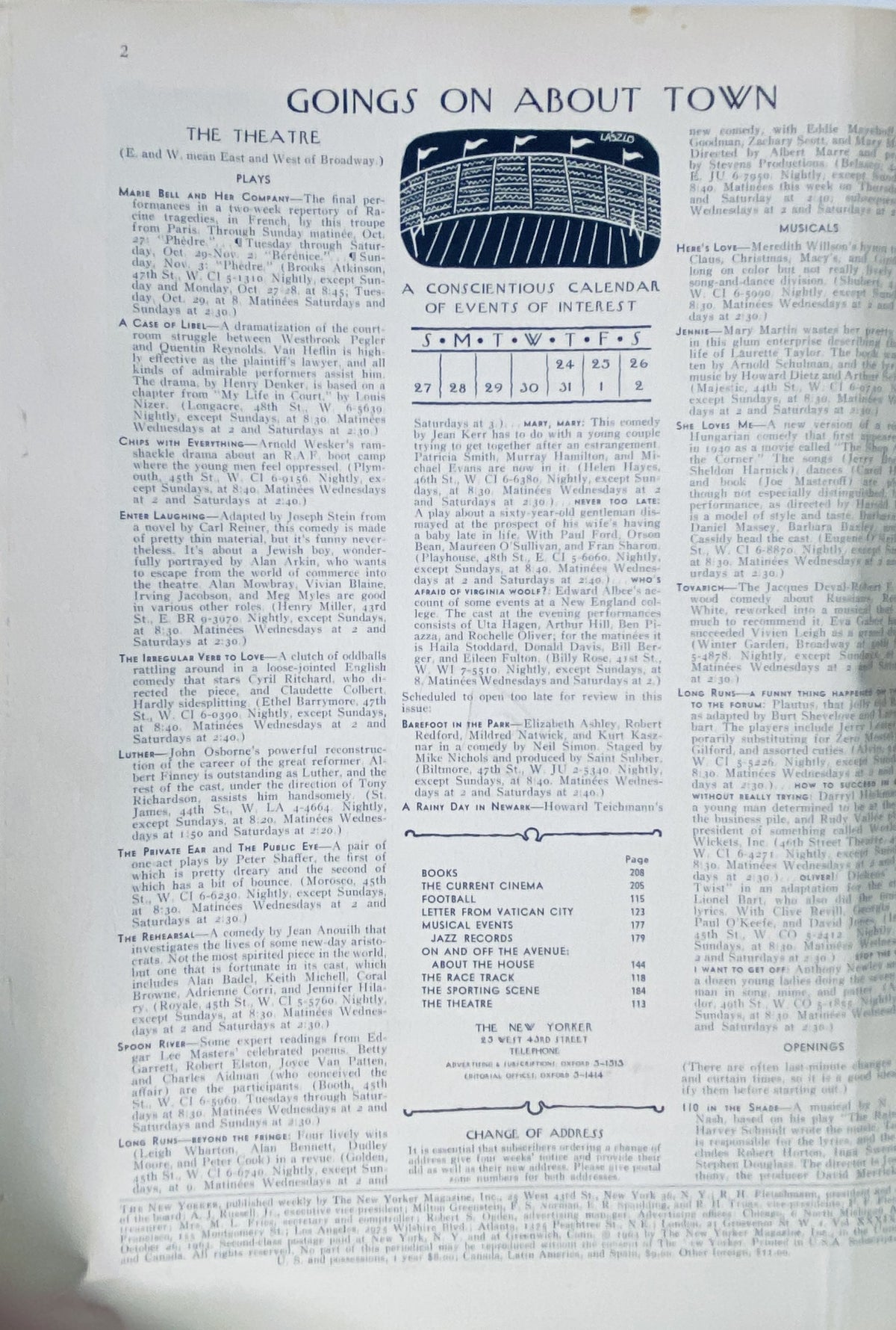 Page from The New Yorker Magazine dated October 26, 1963, detailing 'Goings On About Town', featuring a lineup of plays and events of interest in New York.