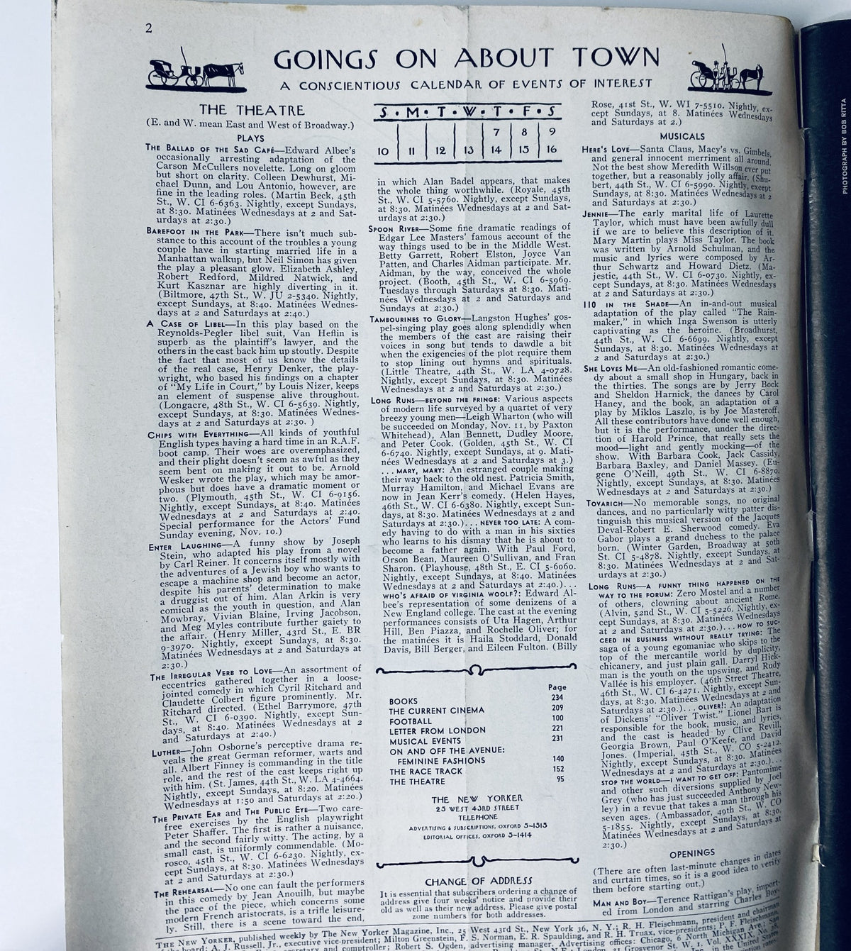 Inside page of The New Yorker Magazine November 9, 1963 featuring the 'Goings On About Town' section, highlighting cultural events and performances.