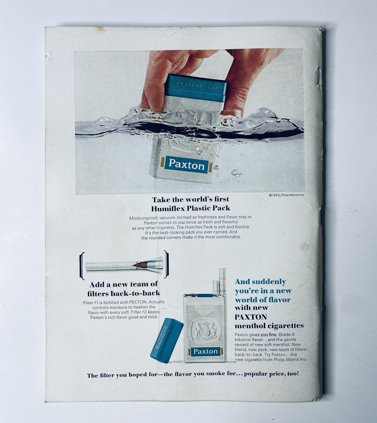 Back cover of The New Yorker Magazine December 7, 1963 featuring an advertisement for Paxton menthol cigarettes in a Humiflex plastic pack, highlighting the freshness and flavor of the product.