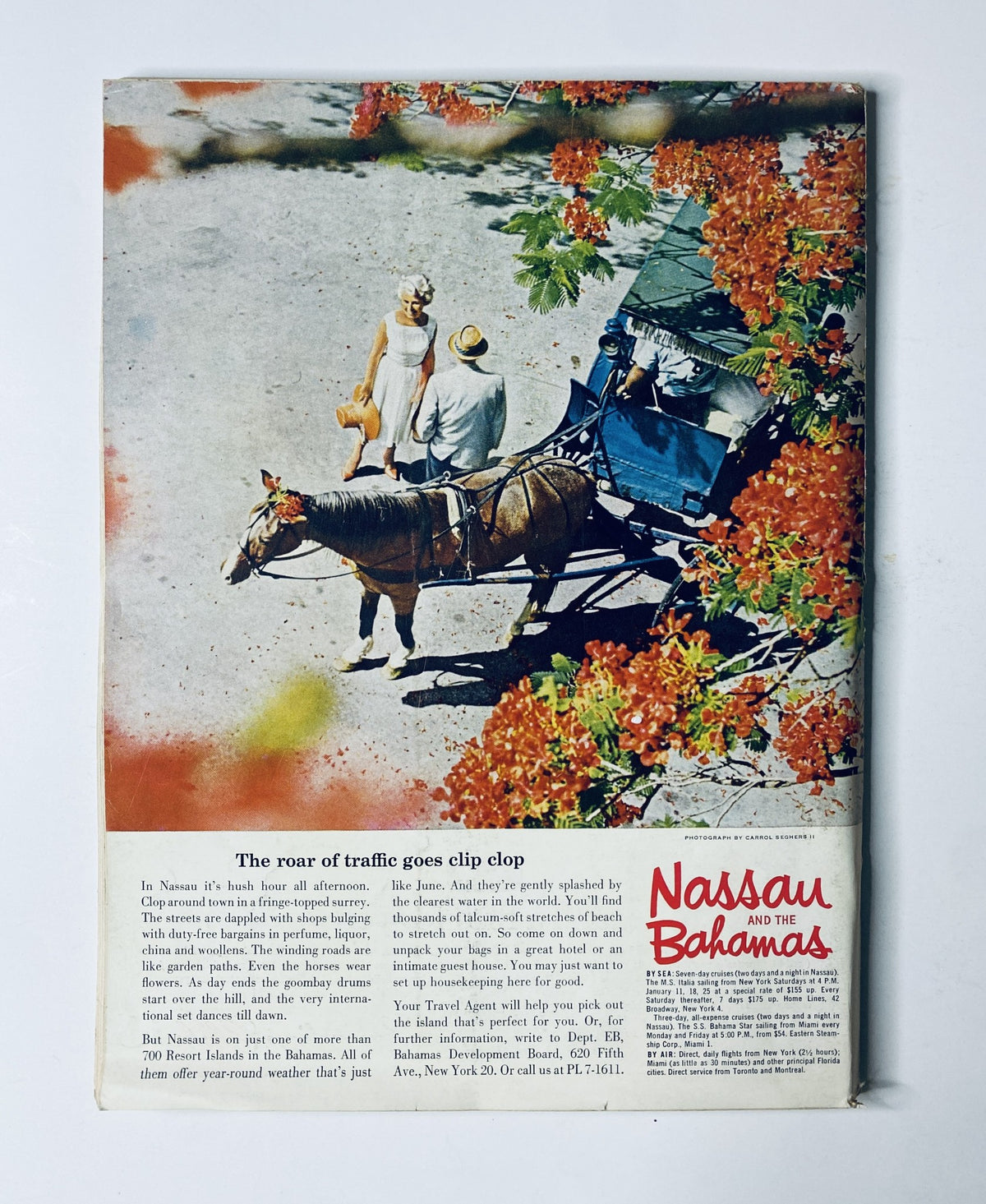 Back cover of The New Yorker Magazine December 14, 1963 promoting travel to Nassau and the Bahamas, featuring an illustration of a horse-drawn carriage and vibrant tropical flowers.