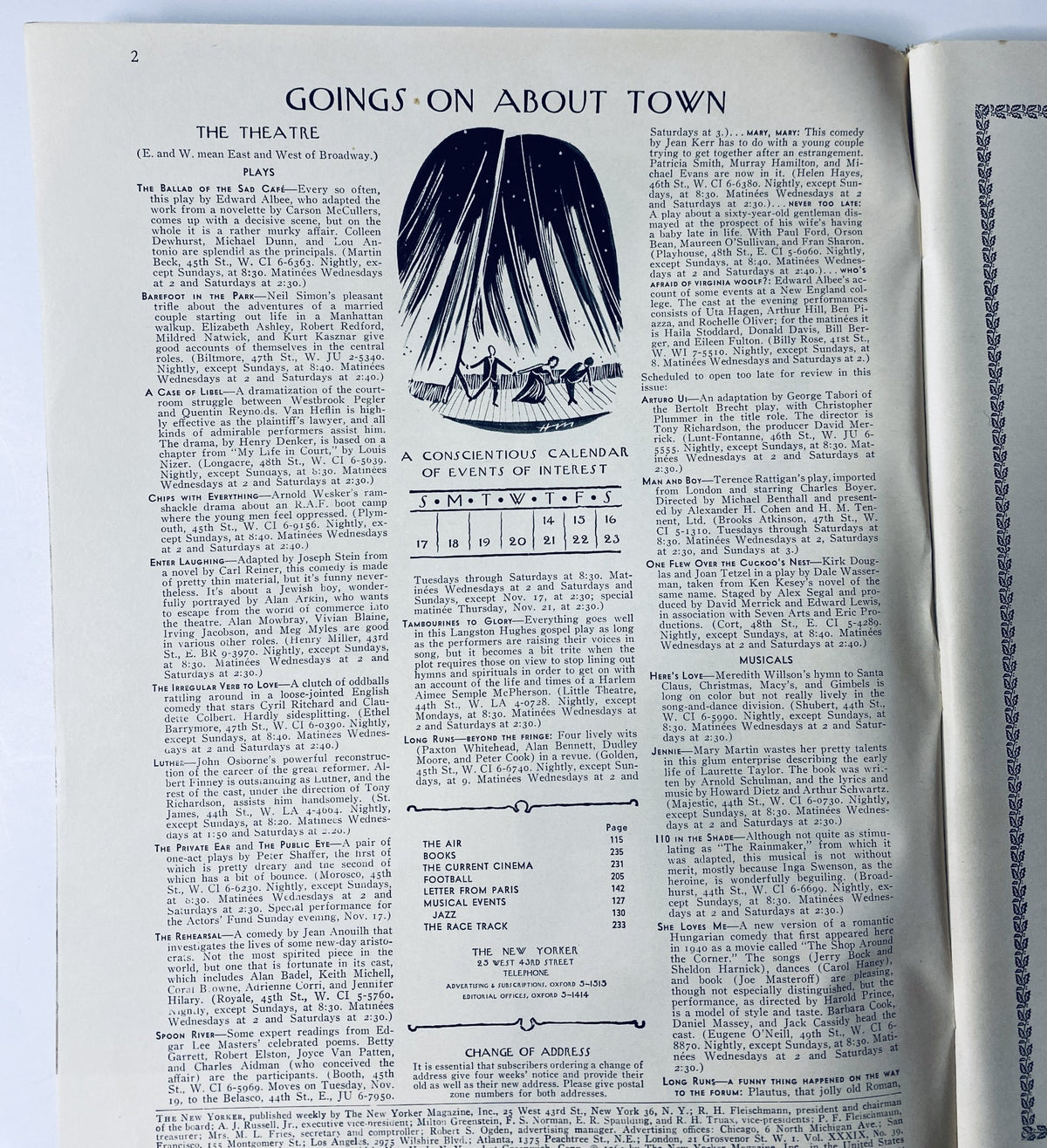 Interior page of The New Yorker Magazine, November 16, 1963, displaying the 'Goings On About Town' section, featuring events and theatrical listings.