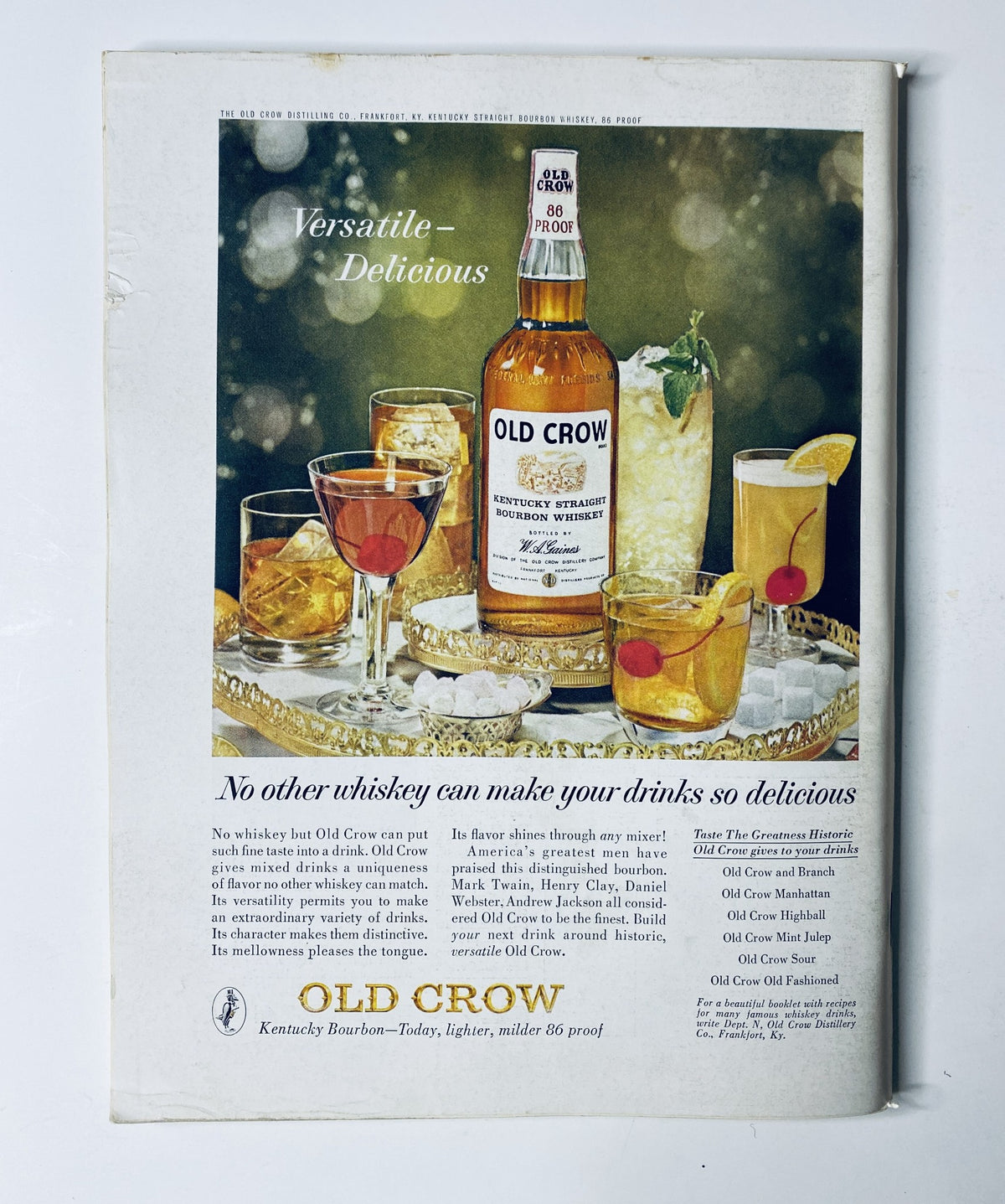 Advertisement for Old Crow Bourbon on the back cover of The New Yorker Magazine, November 16, 1963, highlighting delicious whiskey cocktails and serving suggestions.