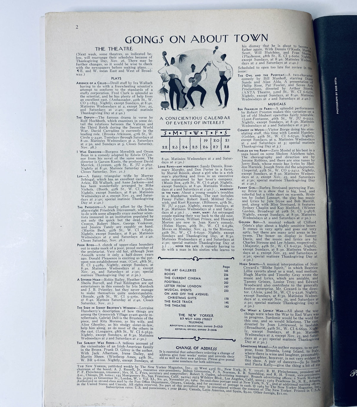Interior page from The New Yorker Magazine, November 21, 1964, showcasing 'Goings on About Town' with event listings and a calendar.