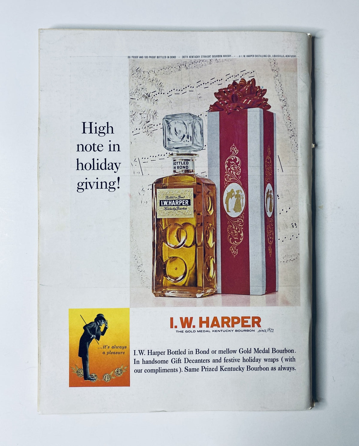 Holiday advertisement for I.W. Harper Bourbon featuring a bottle and festive gift wrapping. The ad emphasizes 'High note in holiday giving!' and reflects the vintage style in line with The New Yorker Magazine November 21, 1964.