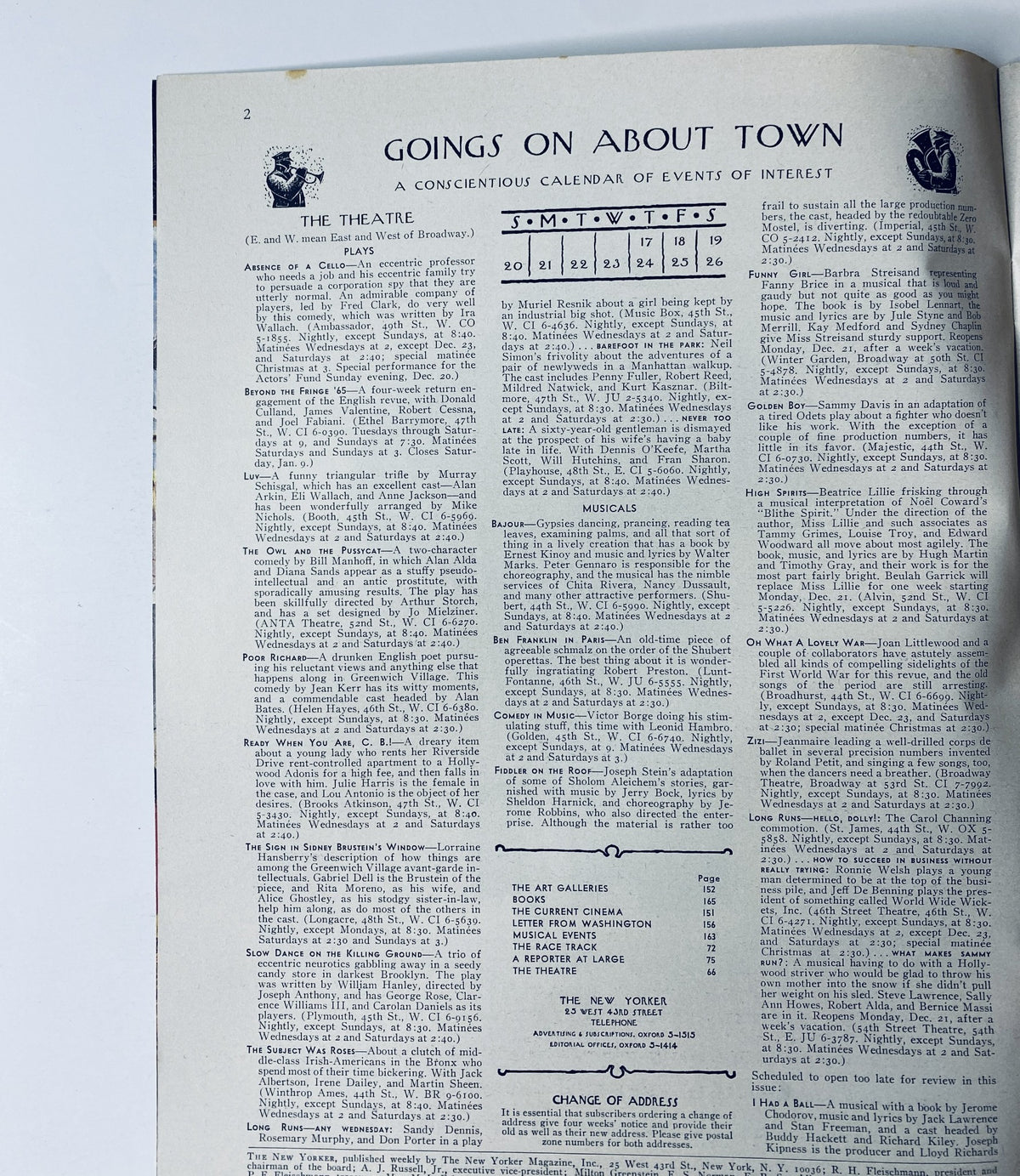 Interior page of The New Yorker Magazine December 19, 1964 displaying a calendar of events titled 'Goings on About Town'.