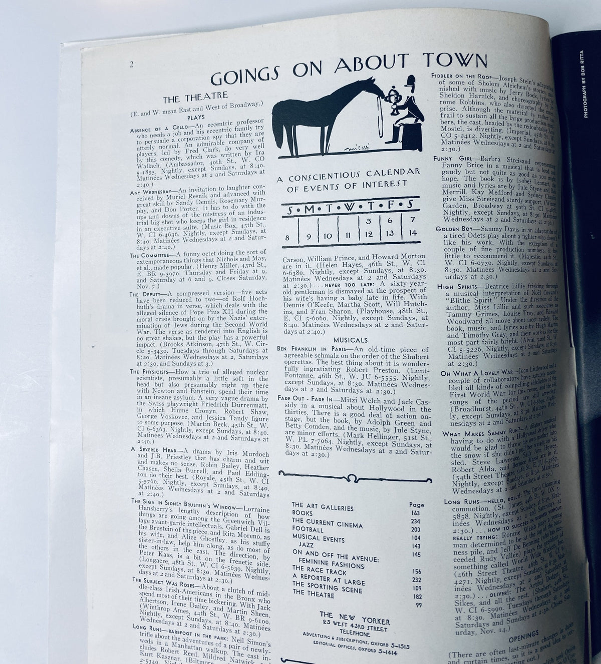 Interior page of The New Yorker Magazine November 7, 1964, showcasing the 'Goings On About Town' section with a focus on theater events and a calendar of interest.