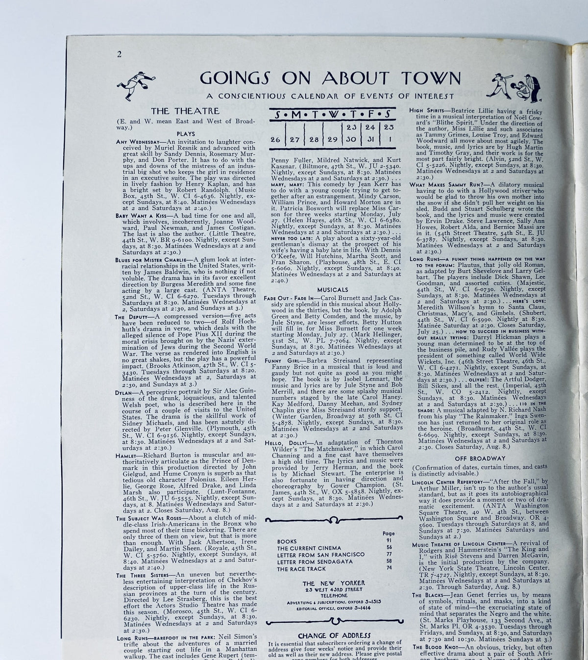 Interior page from The New Yorker magazine, July 25, 1964, titled 'GOINGS ON ABOUT TOWN', listing events of interest in a concise calendar format.