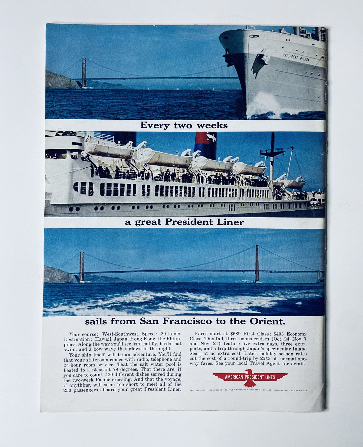 Advertisement page from The New Yorker magazine, July 25, 1964, promoting President Liner travel from San Francisco to the Orient, featuring images of the ship and the Golden Gate Bridge.