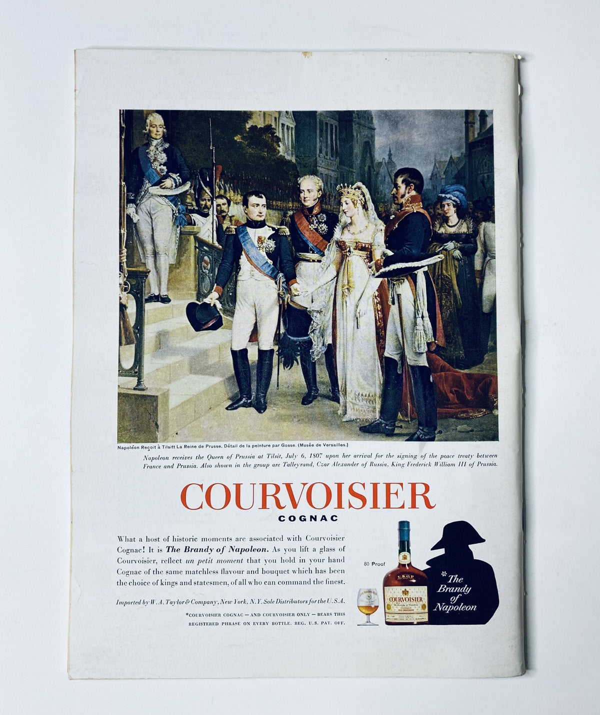 Vintage advertisement featuring Courvoisier Cognac with a historical depiction of Napoleon Bonaparte, illustrating connection to The New Yorker Magazine May 30, 1964.