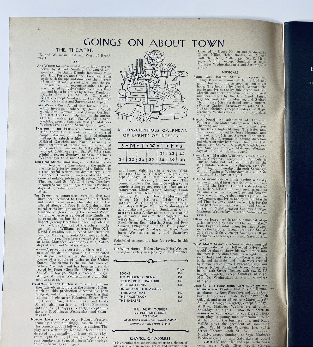 Interior page of The New Yorker Magazine May 23, 1964 showing the 'Goings On About Town' section, with listings for theatre and events of interest.