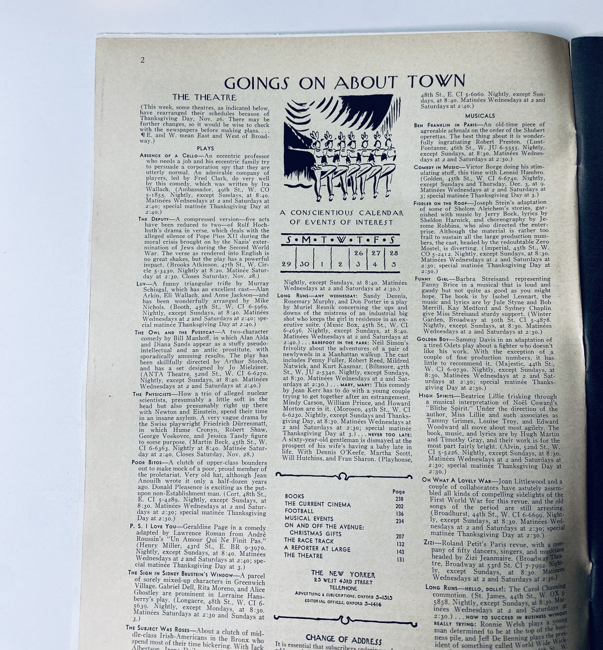 Interior page from The New Yorker Magazine, November 28, 1964, featuring the 'Goings On About Town' section and a calendar of events in the theatre.