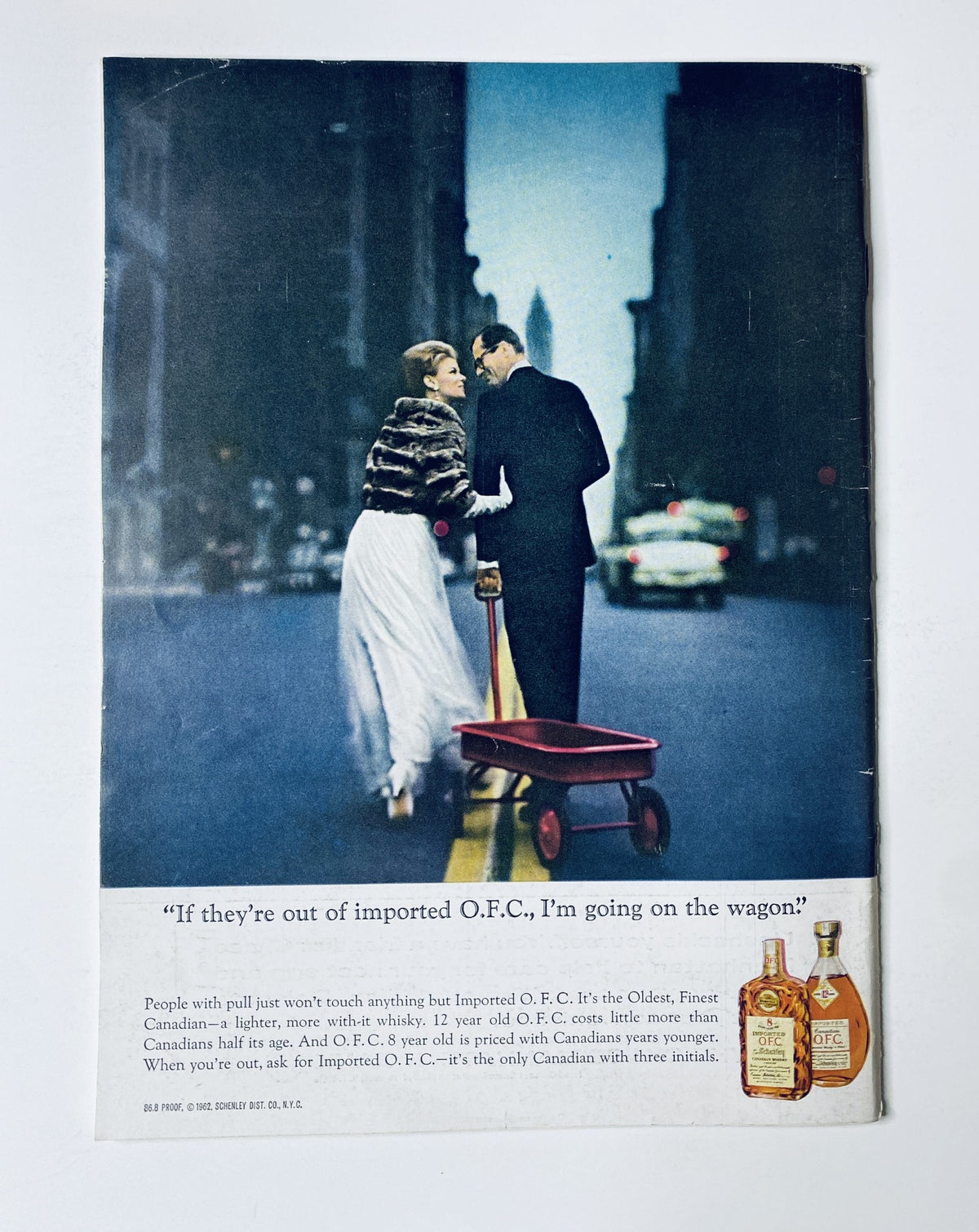 Cover art from The New Yorker Magazine July 4, 1964, featuring a political allegory illustration by Steinberg, depicting a man in formal attire with a woman in white, emphasizing a humorous quote about imported O.F.C. whiskey.