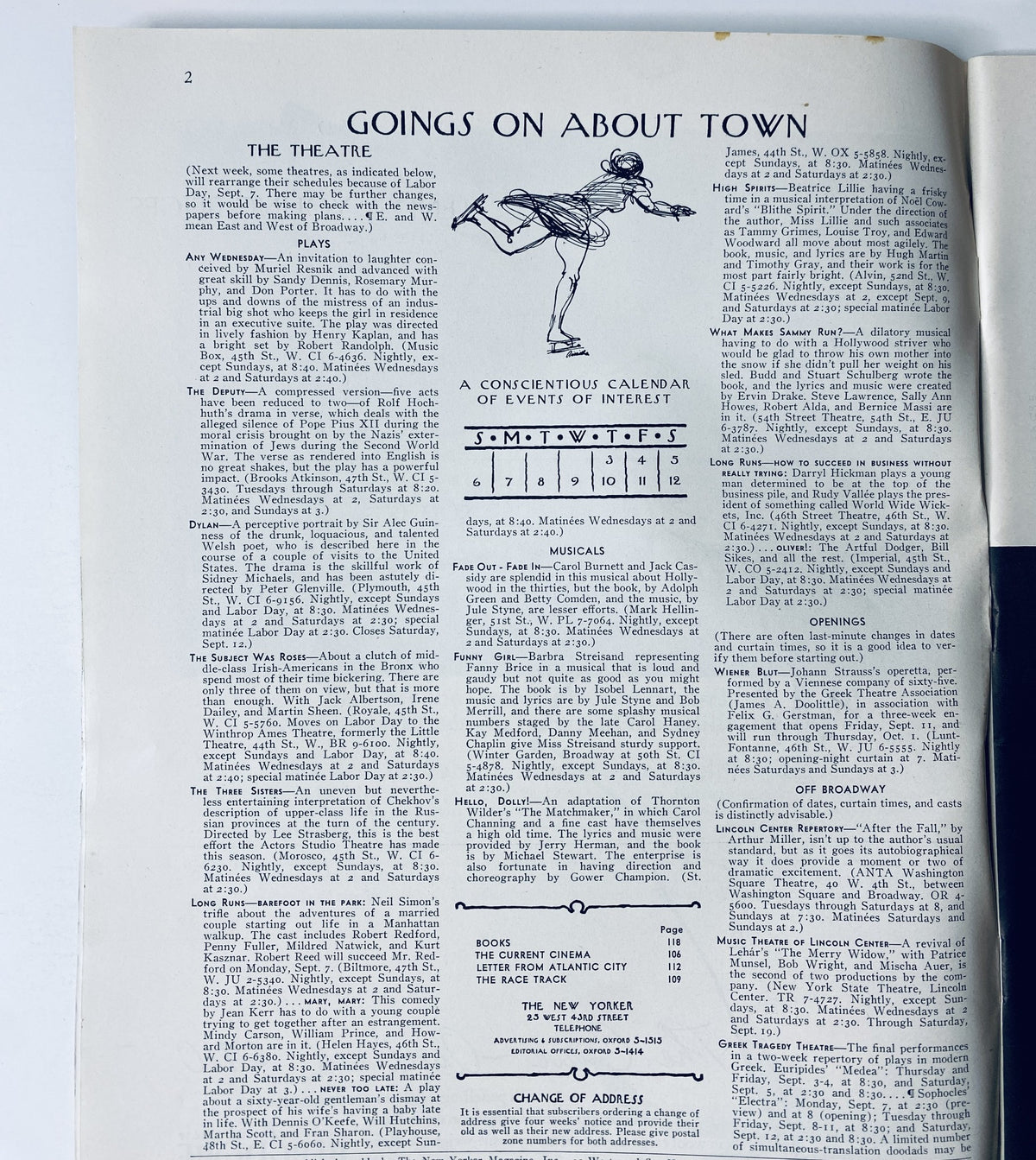 Interior page of The New Yorker Magazine September 5, 1964 presenting the 'Goings On About Town' section with a calendar of events, showcasing classic period typography and layout.