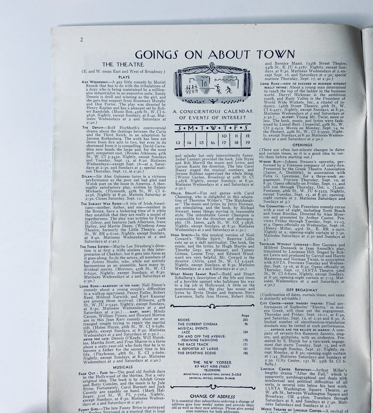 Inside page of The New Yorker Magazine September 12, 1964, titled 'GOINES ON ABOUT TOWN', displaying a calendar of events and listings related to theatre and arts.