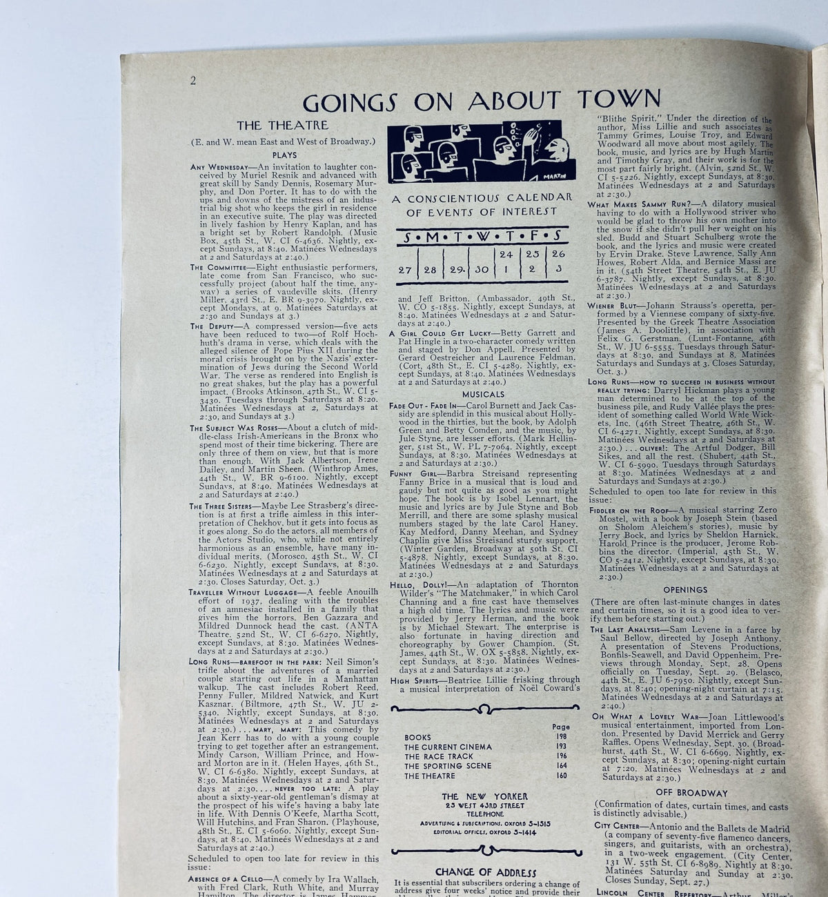 Inside page of The New Yorker Magazine September 26, 1964 showcasing the 'Goings On About Town' section with a calendar of events and listings related to theatre and entertainment.
