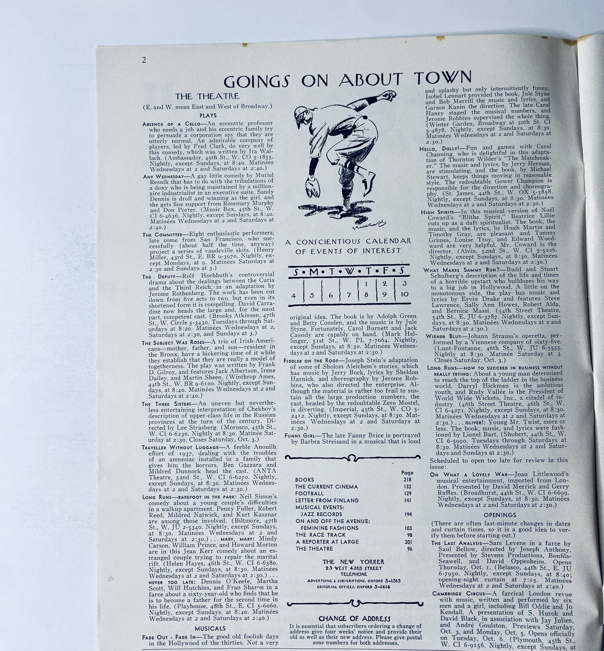 Page from The New Yorker Magazine October 3, 1964 featuring a calendar of events and arts coverage, including theatre listings and cultural happenings.