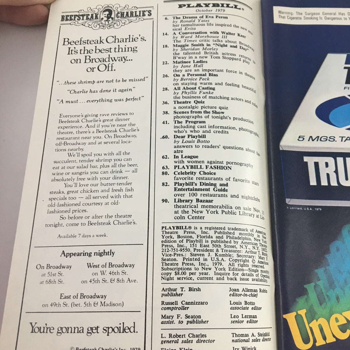 Playbill from the 1979 musical 'The 1940's Radio Hour' at St. James Theatre, featuring advertisements for Beefsteak Charlie's and other Broadway shows.