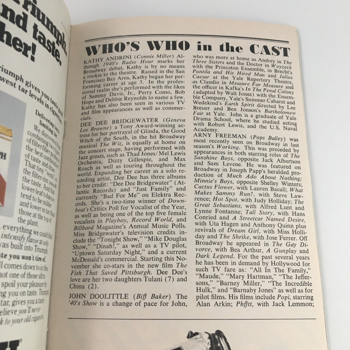 Page in the 1979 Playbill highlighting Kathy Andrini and other cast members of 'The 1940's Radio Hour' musical.