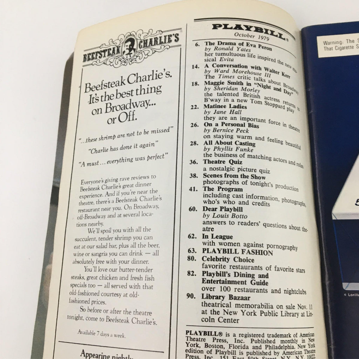 Inside page of the 1979 Playbill for The 1940's Radio Hour, showcasing advertisements and theater-related content.