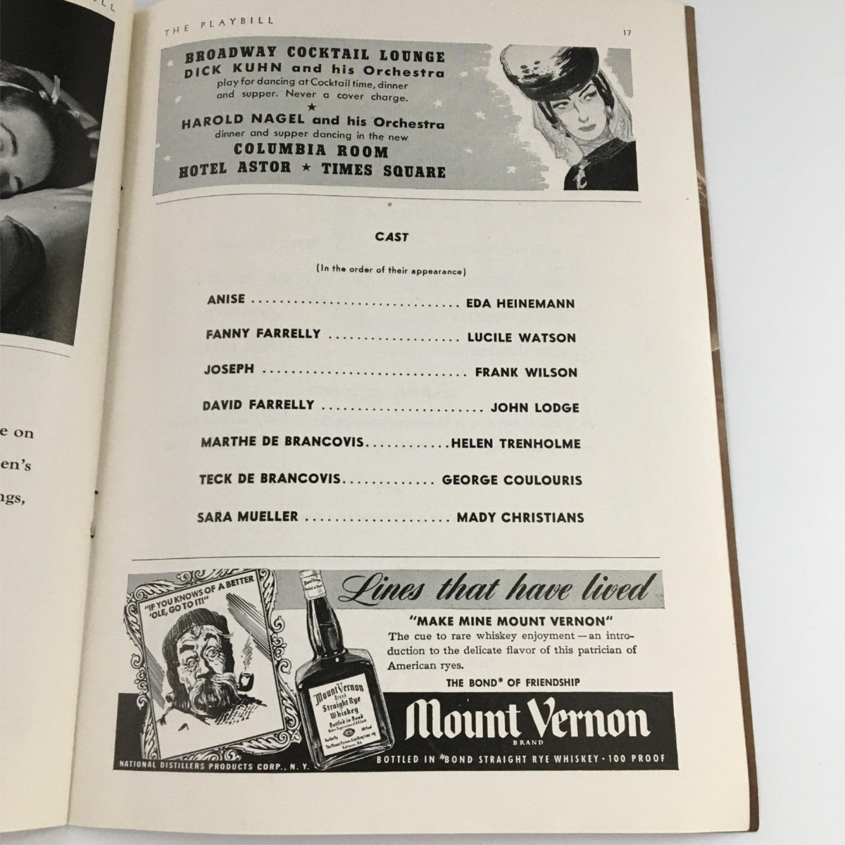 Another inside page of the 1942 Playbill for 'Watch On The Rhine' highlighting the cast list and advertisements from The Martin Beck Theatre.