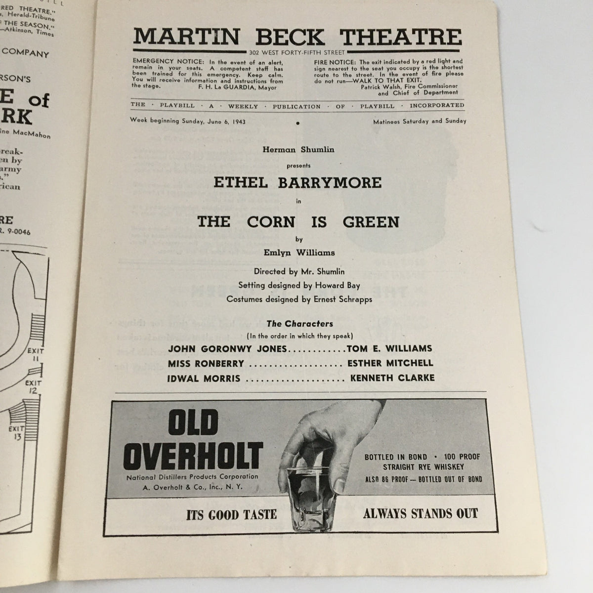 Inside page of the 1943 Playbill for 'The Corn is Green', detailing cast and production information at The Martin Beck Theatre with Ethel Barrymore.