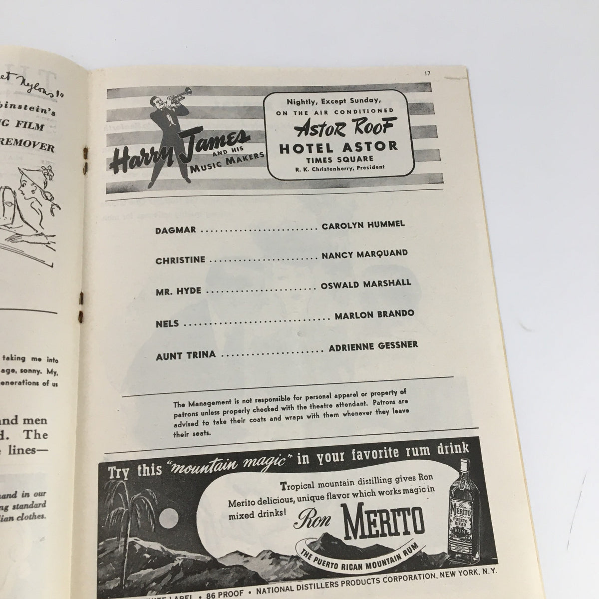 Another inside page of the 1945 Playbill for 'I Remember Mama', featuring advertisements and additional cast names from The Music Box production.