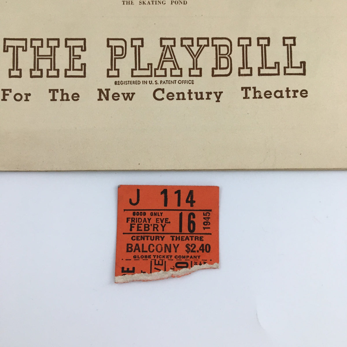 Close-up of the 1945 Playbill for 'Up In Central Park' at The New Century Theatre showcasing the original ticket stub detailing performance information.