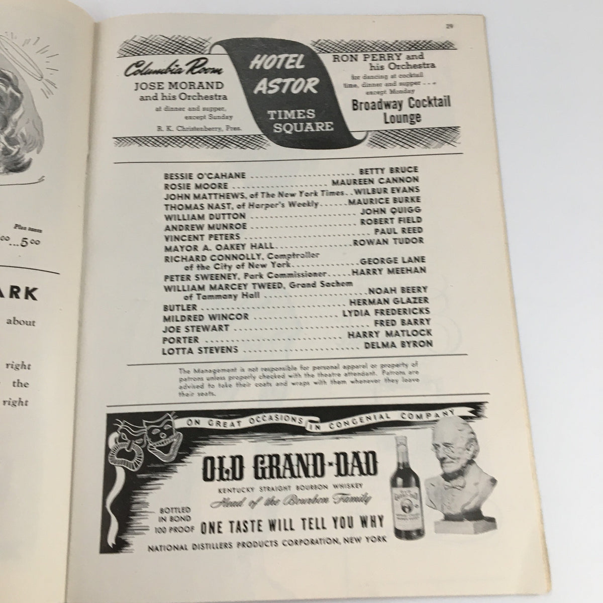 1945 Playbill from The New Century Theatre featuring Up In Central Park, showcasing advertisements and names of performers on the page.