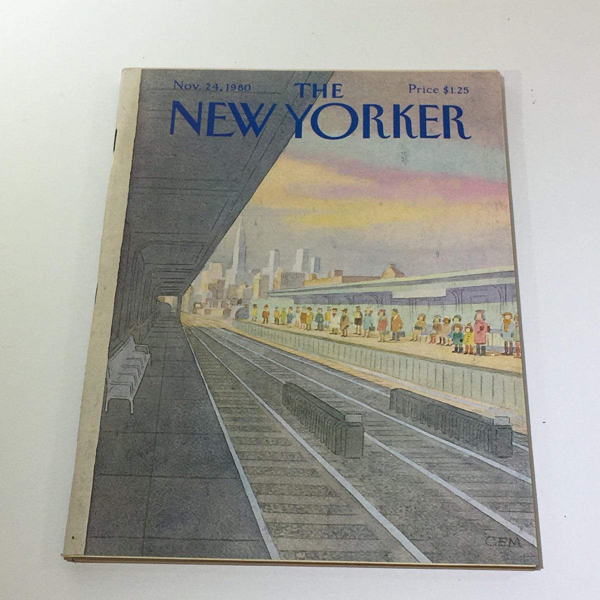 The New Yorker magazine from November 24, 1980, featuring a vintage theme cover by artist Charles E. Martin, showcasing a cityscape with commuters at a train station.