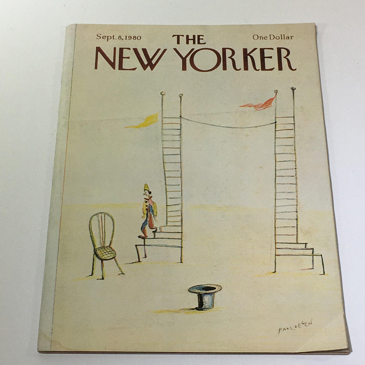 The New Yorker Magazine September 8 1980 cover featuring artistic illustration by Paul Degen, depicting a whimsical scene with a clown, stairs, and chairs, showcasing vintage magazine design.