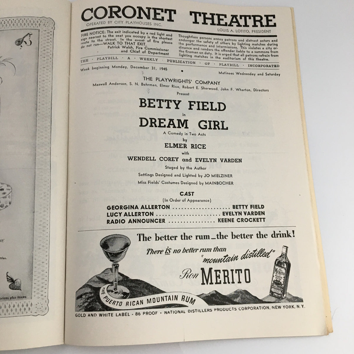 Inside page of the 1945 Playbill for 'Dream Girl' at The Coronet Theatre detailing the production cast and credits.