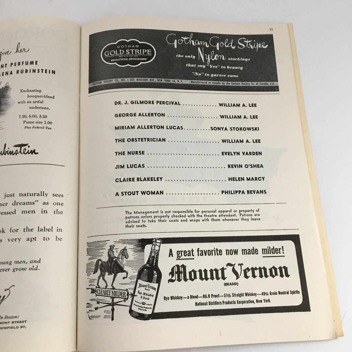 Interior page from the 1945 Playbill for 'Dream Girl' at The Coronet Theatre, showcasing advertisements for Gotham Gold Stripe nylon stockings and Mount Vernon rye whiskey, featuring historical vintage design and typography.