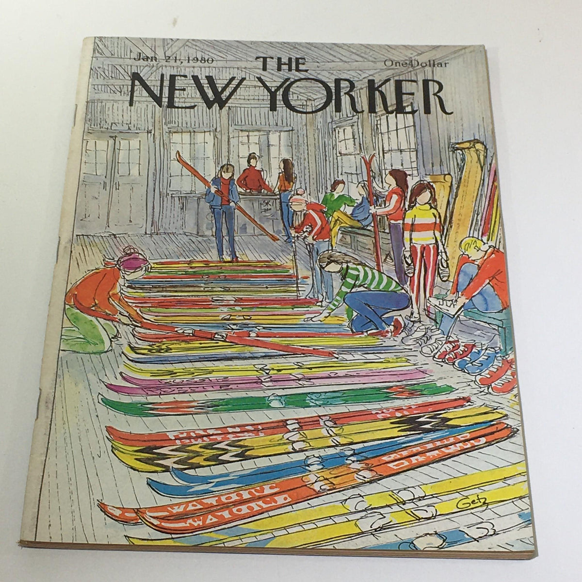 Cover of The New Yorker: January 21 1980 featuring a colorful illustration by Arthur Getz, depicting a lively scene of people organizing skis indoors, capturing the charm of vintage magazine art.