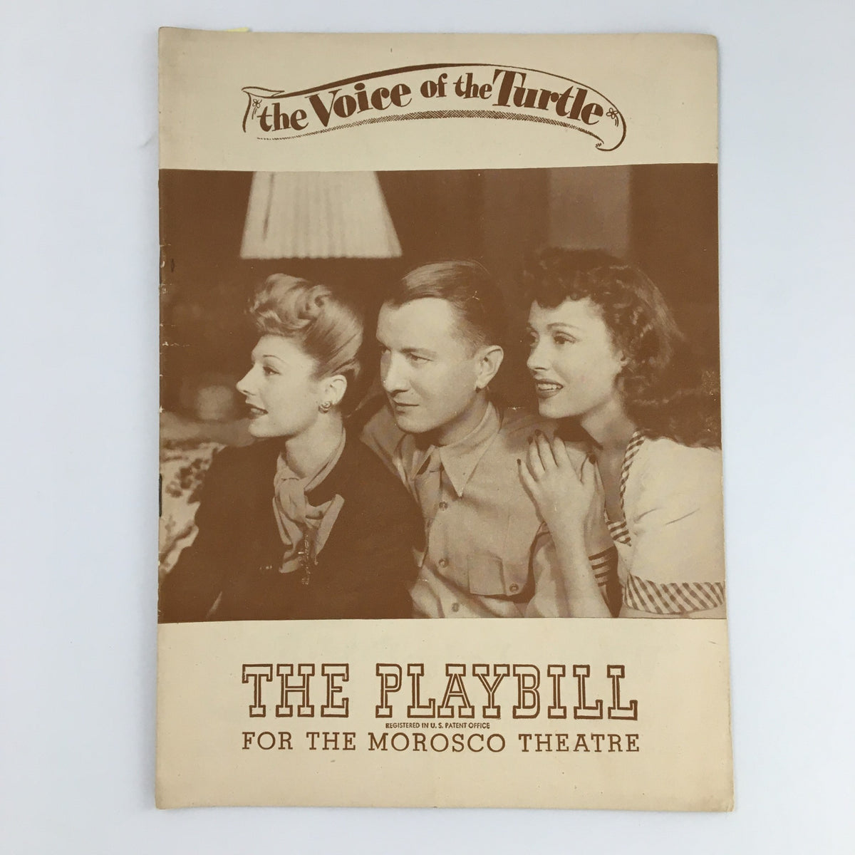 1945 Playbill titled 'The Voice of the Turtle' from The Morosco Theatre featuring three actors posing for a photograph.