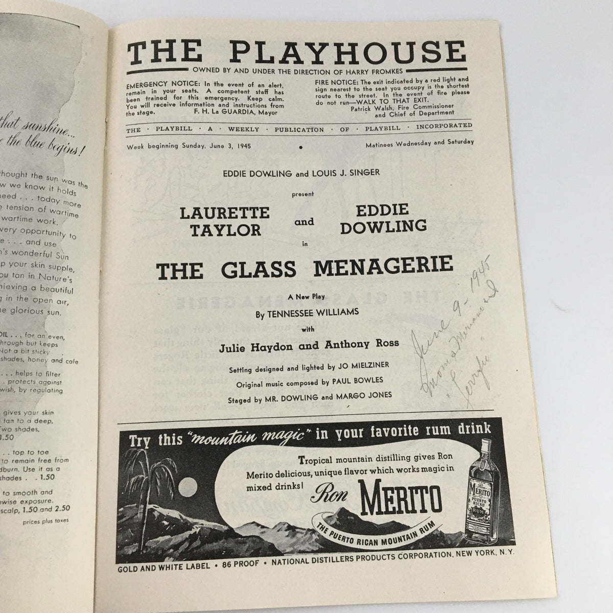 Inside page of the 1945 Playbill for 'The Glass Menagerie' featuring cast details and production information.
