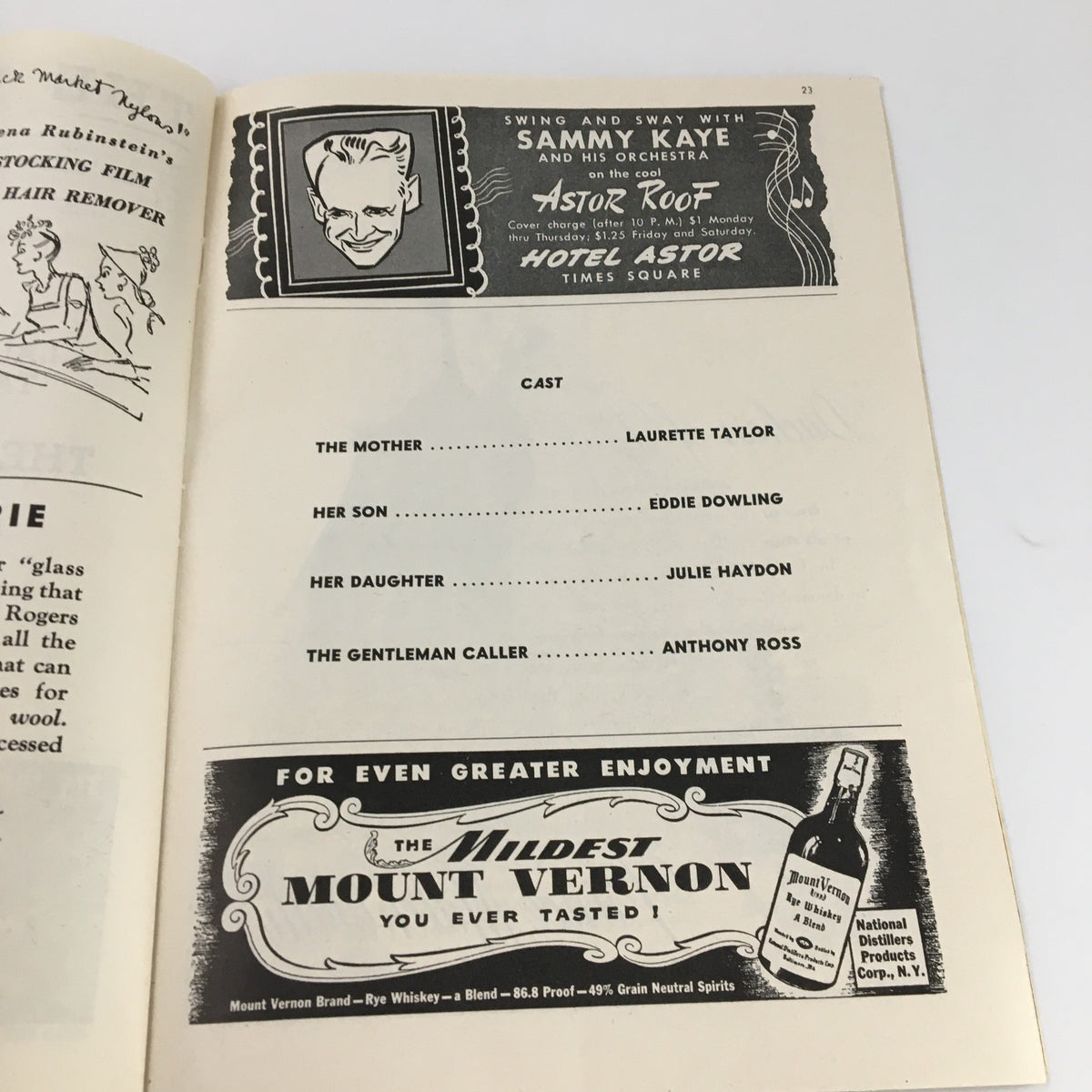 Page from the 1945 Playbill for 'The Glass Menagerie' illustrating the cast including Laurette Taylor and Eddie Dowling.