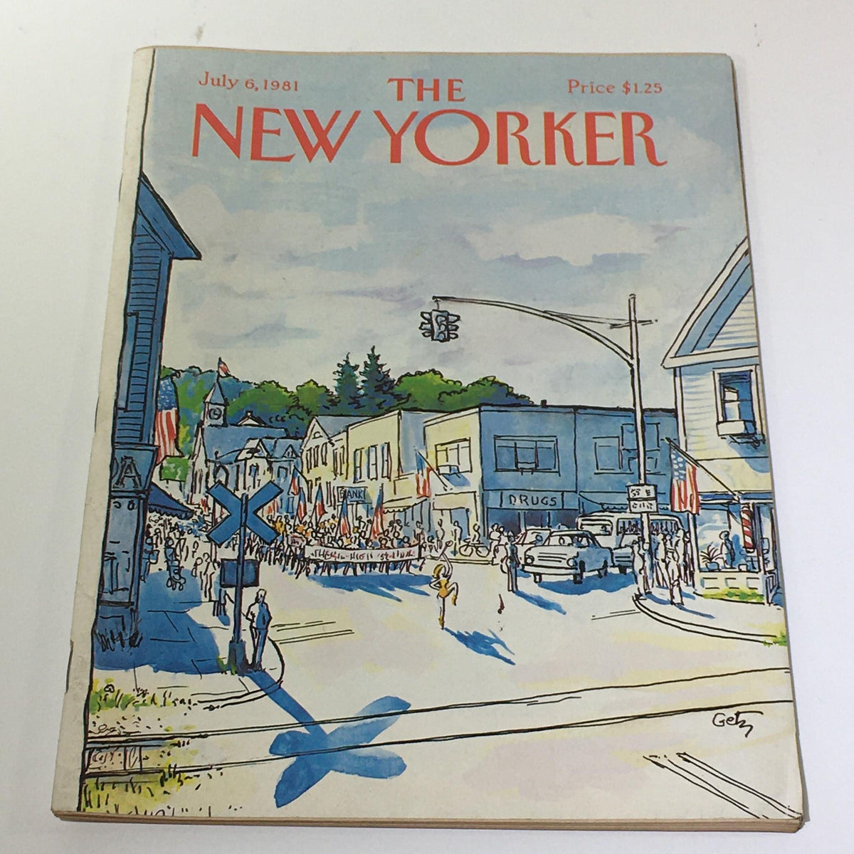 Cover of The New Yorker magazine from July 6, 1981, featuring an illustration by Arthur Getz depicting a lively street scene with a parade, shops, and American flags.