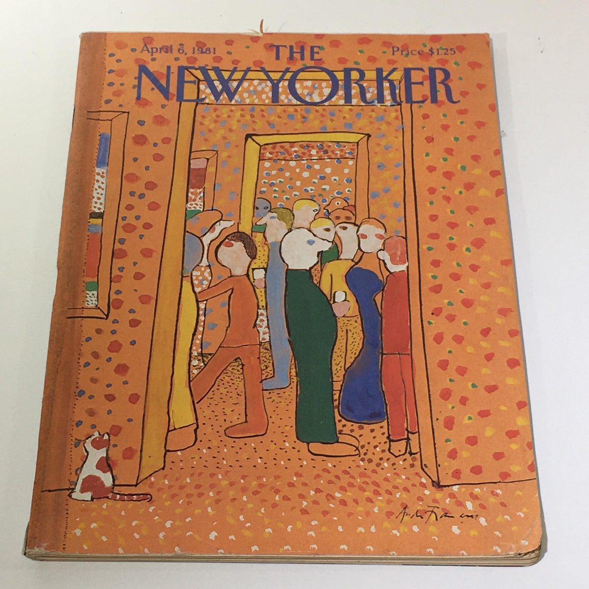 The New Yorker April 6 1981 magazine cover featuring an illustration by Andre Francois, depicting a colorful gathering of people with a cat at the bottom.