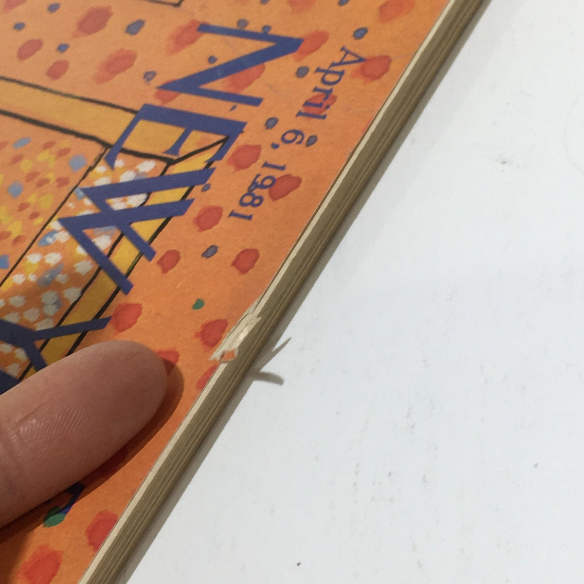 Close-up view of The New Yorker April 6 1981 magazine showing minor wear on the edge, highlighting its vintage status.