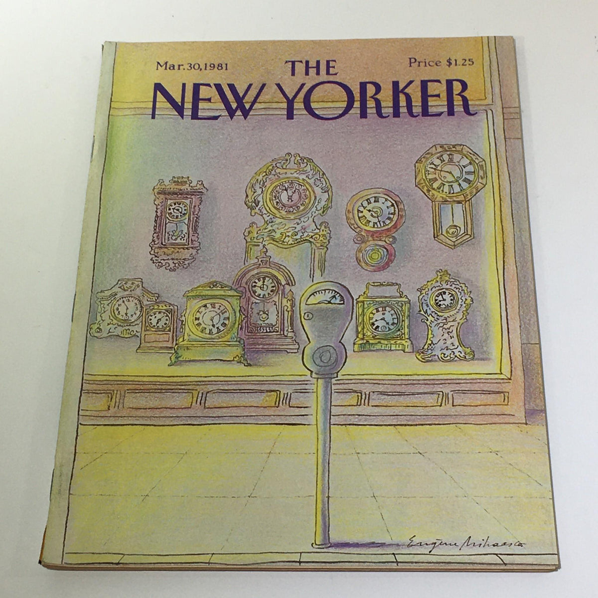 Cover of The New Yorker, March 30, 1981, featuring a colorful illustration of various vintage clocks and a parking meter, showcasing the artistic style of Eugene Mihaesco.