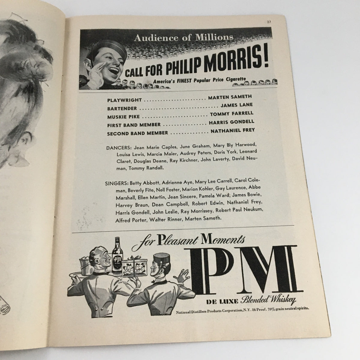 1947 Playbill for 'Barefoot Boy With Cheek' showcasing audience participation and advertisements including Philip Morris cigarettes and PM whiskey.