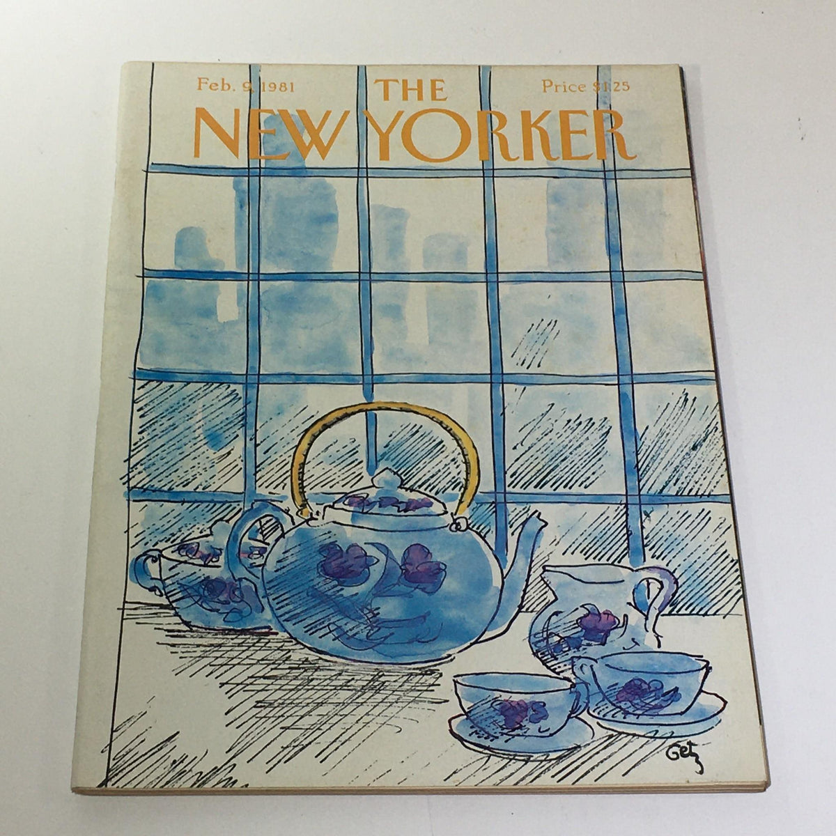 Cover of The New Yorker: February 9 1981 magazine featuring an artistic illustration by Arthur Getz, depicting a blue teapot and tea set against a window backdrop.