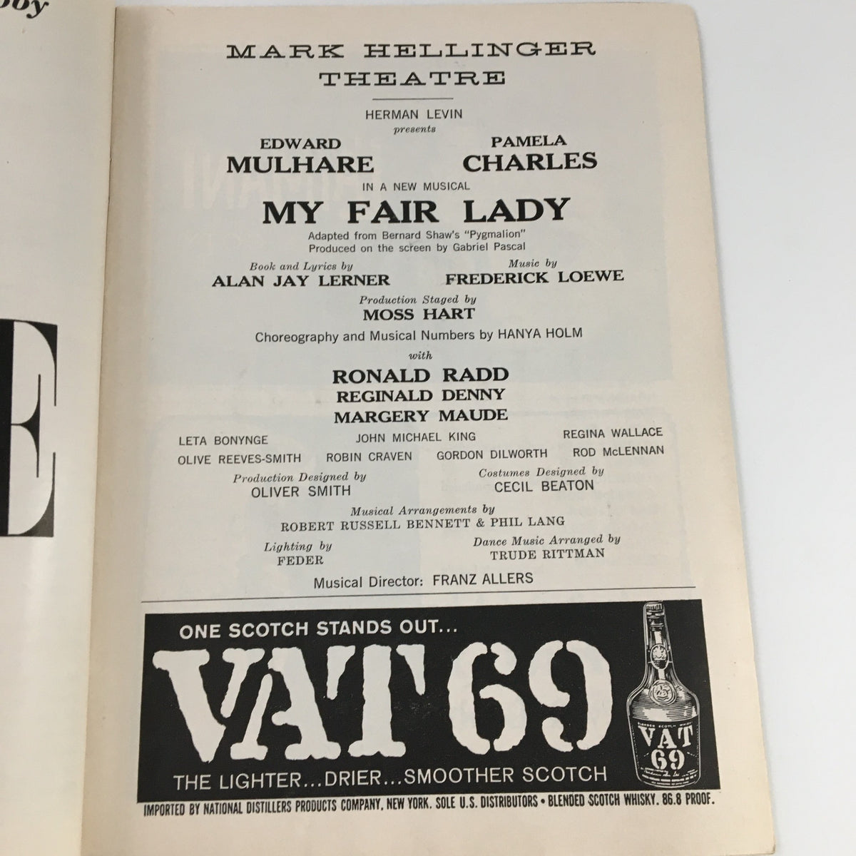 Interior page of the 1956 Playbill for 'My Fair Lady' highlighting production details at the Mark Hellinger Theatre, including cast and creative team.