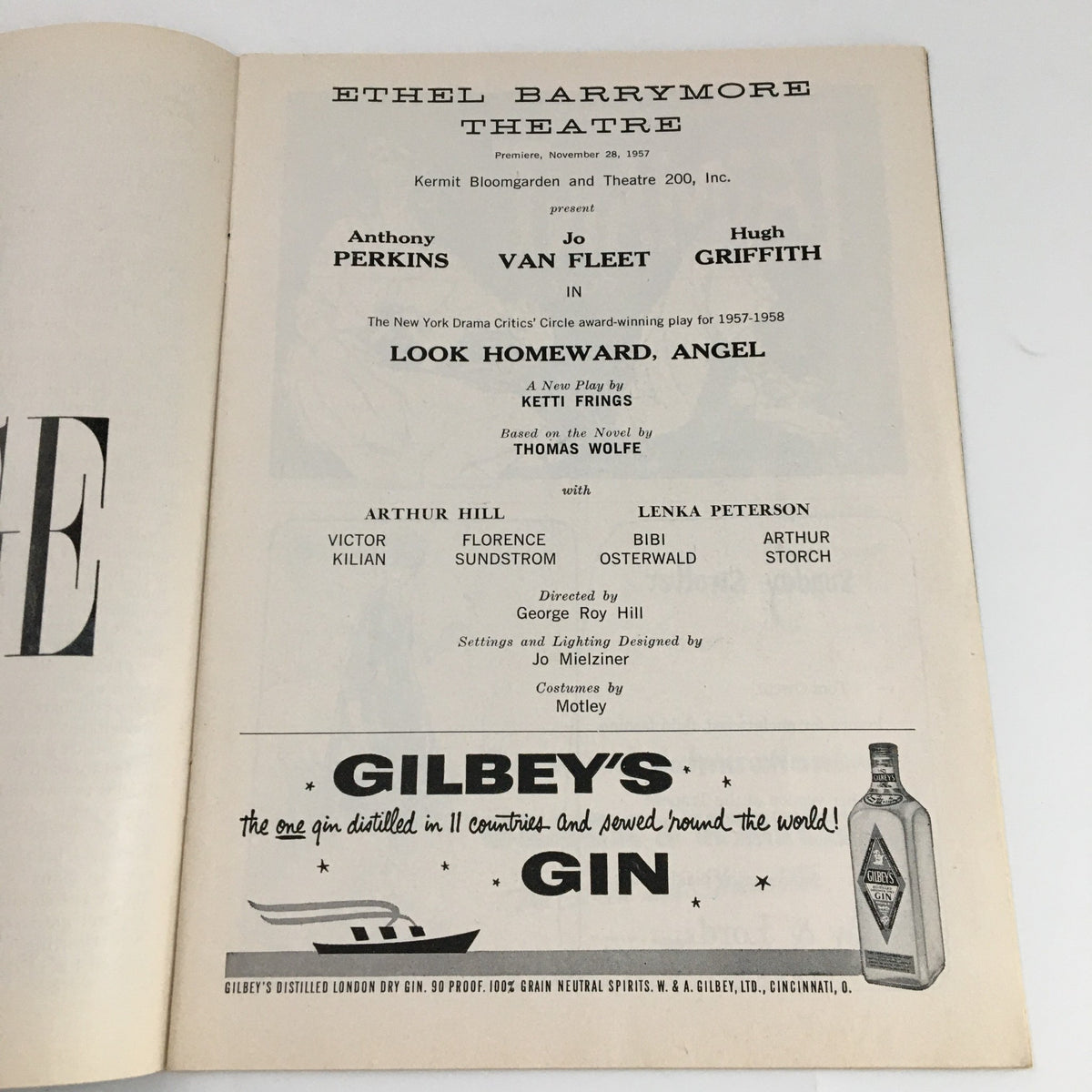 Inside page of the 1957 Playbill for 'Look Homeward, Angel' at the Ethel Barrymore Theatre displaying cast details and production information.