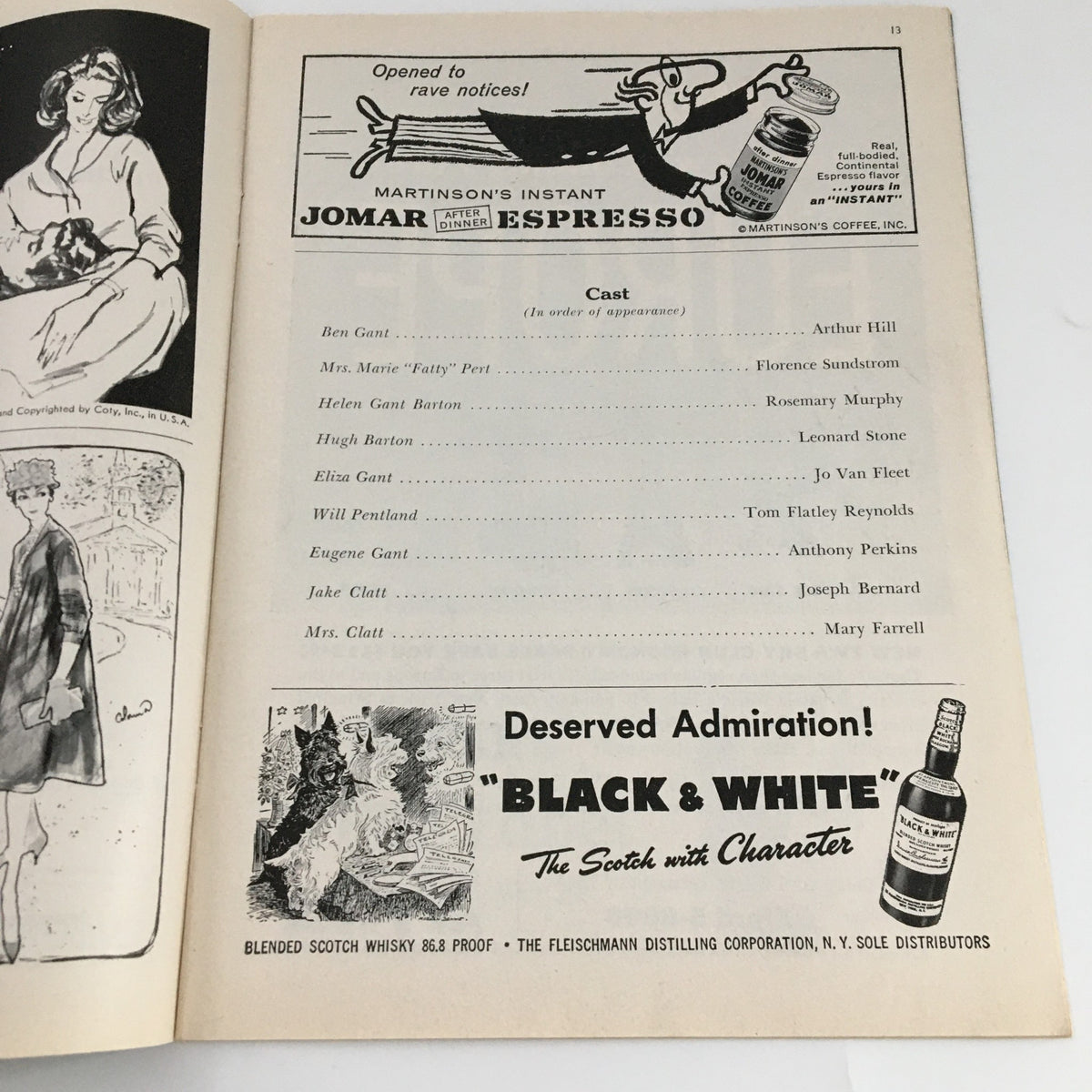 Inside page of the 1957 Playbill for 'Look Homeward, Angel' showcasing advertisements and cast credits.