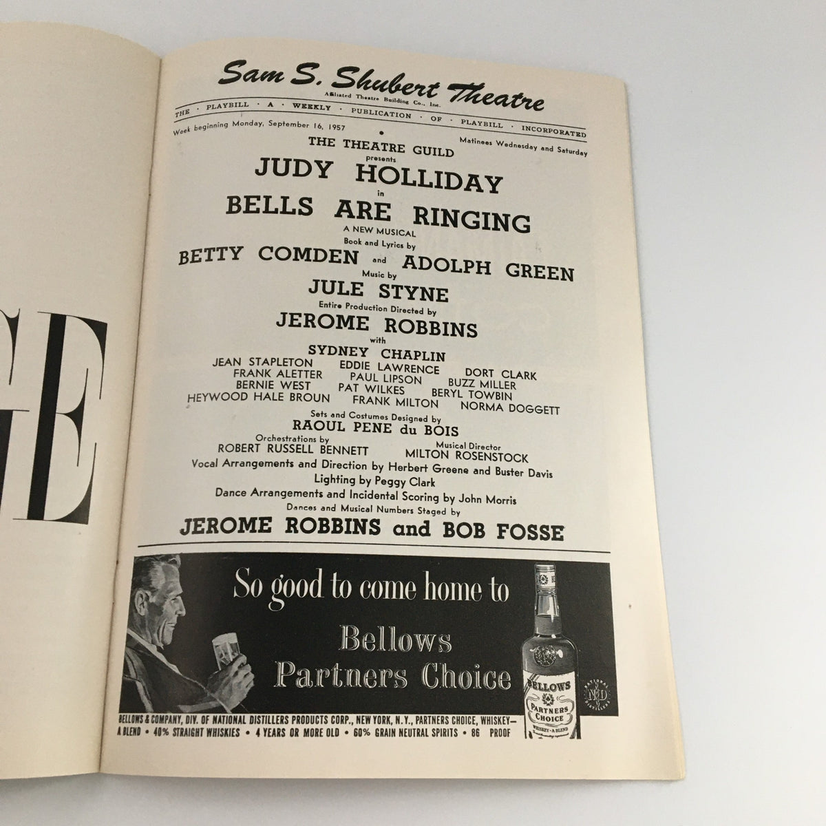 Inside page of the 1957 Playbill for 'Bells Are Ringing' at Sam S. Shubert Theatre, showcasing a cast list and details about the production, a valuable piece of theatrical memorabilia.